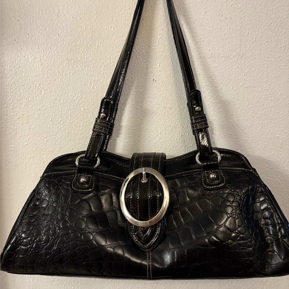 Y2K Marc Chantal Croc Embossed Patent Leather Black Vintage Shoulder Bag 16”x7”